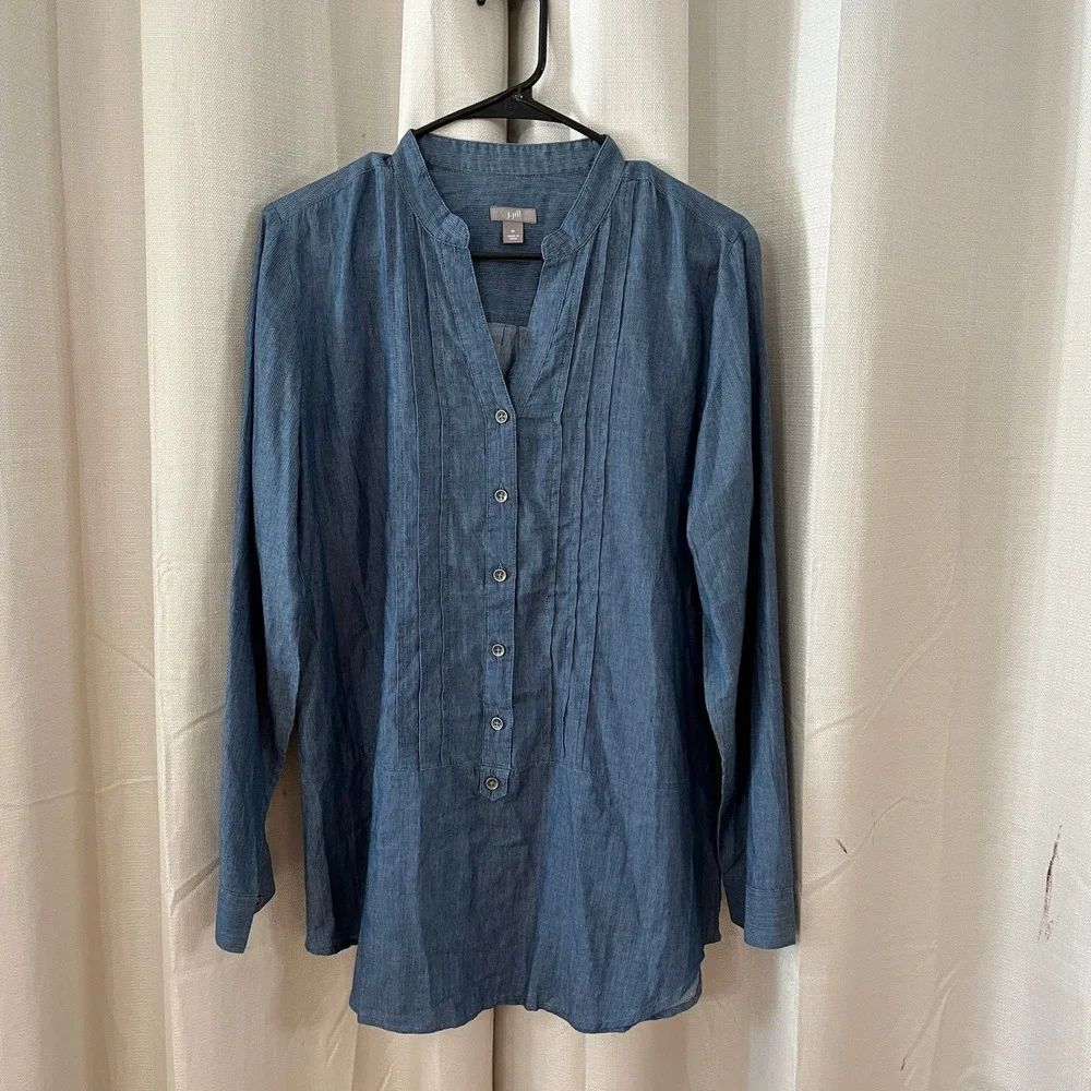 J. Jill Pintuck Tunic Womens M Blue LS Textured Stripe Casual Top Coastal Chic